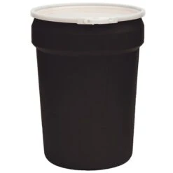30 Gallon Black Plastic Drum, Taper Sided, UN Rated, Cover W/Plastic Lever Lock