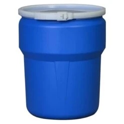 10 Gallon Blue Plastic Drum, Taper Sided, UN Rated, Cover W/Plastic Lever Lock