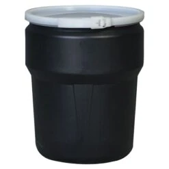 10 Gallon Black Plastic Drum, Taper Sided, UN Rated, Cover W/Plastic Lever Lock