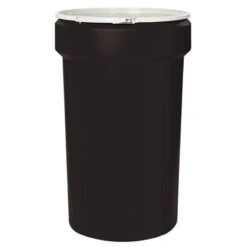 55 Gallon Black Plastic Drum, Taper Sided, UN Rated, Cover W/Plastic Lever Lock