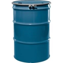 55 Gallon Chevron Blue Steel Drum, Reconditioned, UN Rated, Unlined, Cover W/Bolt Ring, 2" & 3/4" Fittings