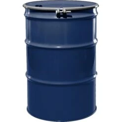 55 Gallon Waste Blue Steel Drum, Reconditioned, UN Rated, Unlined, Cover W/Bolt Ring, 2" & 3/4" Fittings
