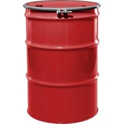 55 Gallon Shell Red Steel Drum, Reconditioned, UN Rated, Unlined, Cover W/Bolt Ring, 2" & 3/4" Fittings