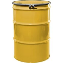 55 Gallon Center Line Yellow Steel Drum, Reconditioned, UN Rated, Unlined, Cover W/Bolt Ring, 2" & 3/4" Fittings