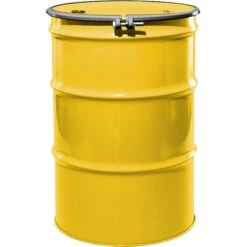 55 Gallon Shell Yellow Steel Drum, Reconditioned, UN Rated, Lined, Cover W/Bolt Ring, 2" & 3/4" Fittings