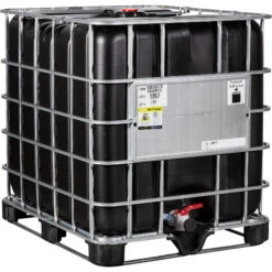 275 Gallon Black IBC Tote, New, 2" Camlock Valve, Composite Pallet