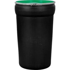 55 Gallon Black Plastic Drum, Taper Sided, UN Rated, Green Cover W/Plastic Lever Lock