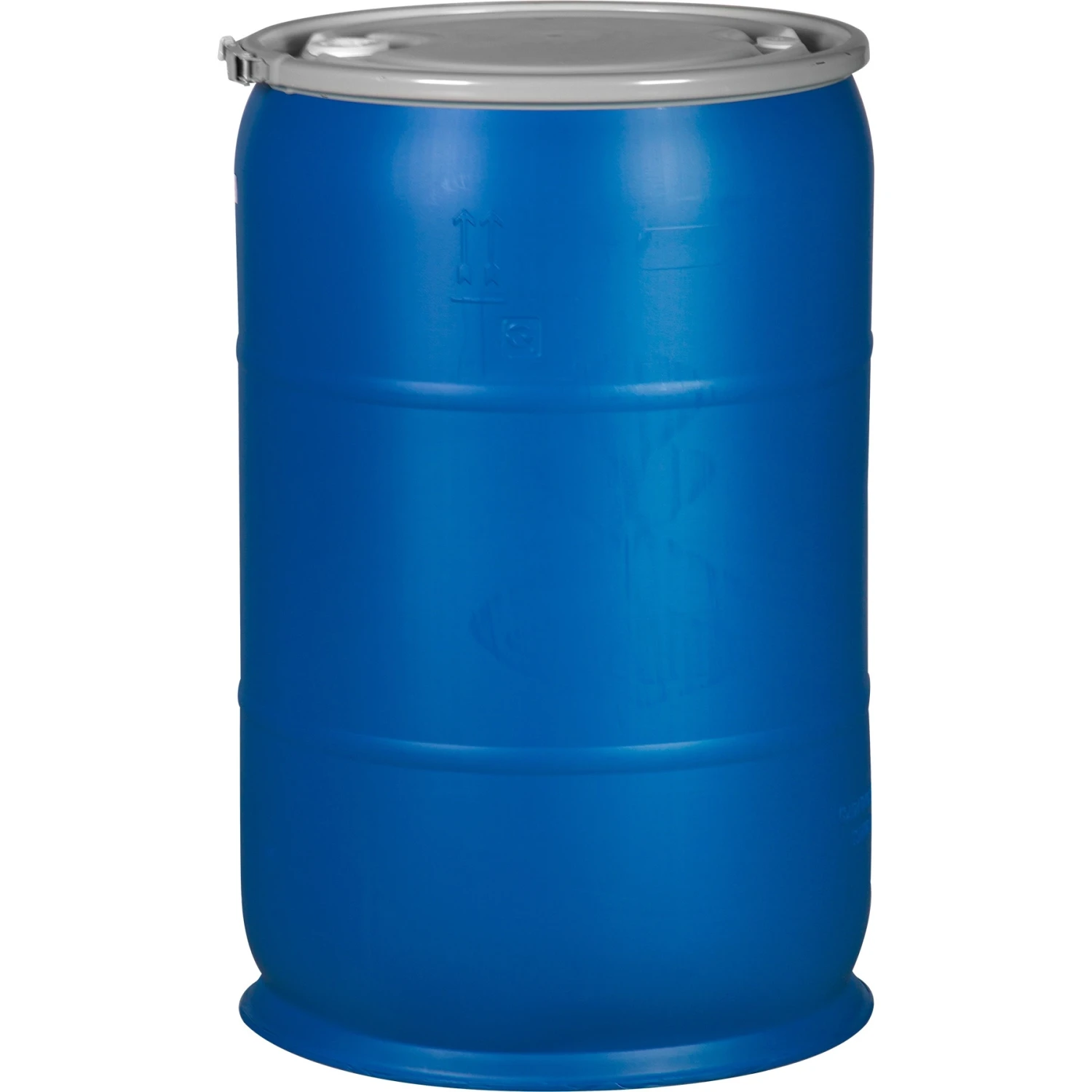 57 Gallon Blue Plastic Drum, UN Rated, 2" & 3/4" Fittings, Cover W/Lever Lock Ring Closure